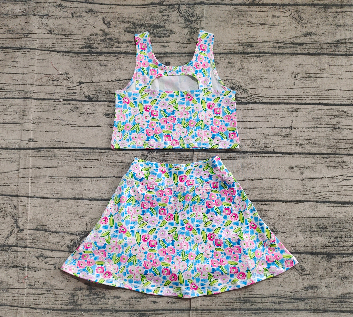 Baby Girl Sleeveless Flower Tops Shorts Skirt Skort Yoga Active Wear Blue Clothes Set RTS