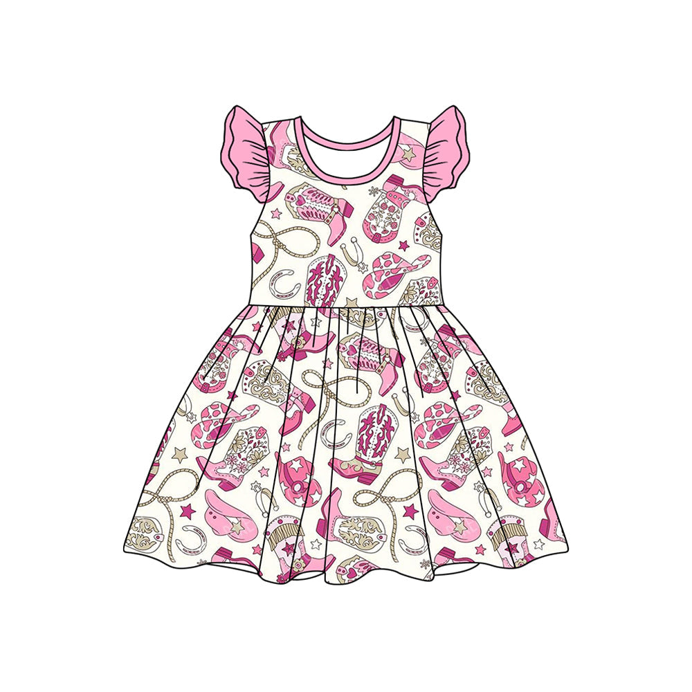 Preorder Baby Girl Short Sleeves Western Cowgirl Knee Length Dress ( Moq 5 )