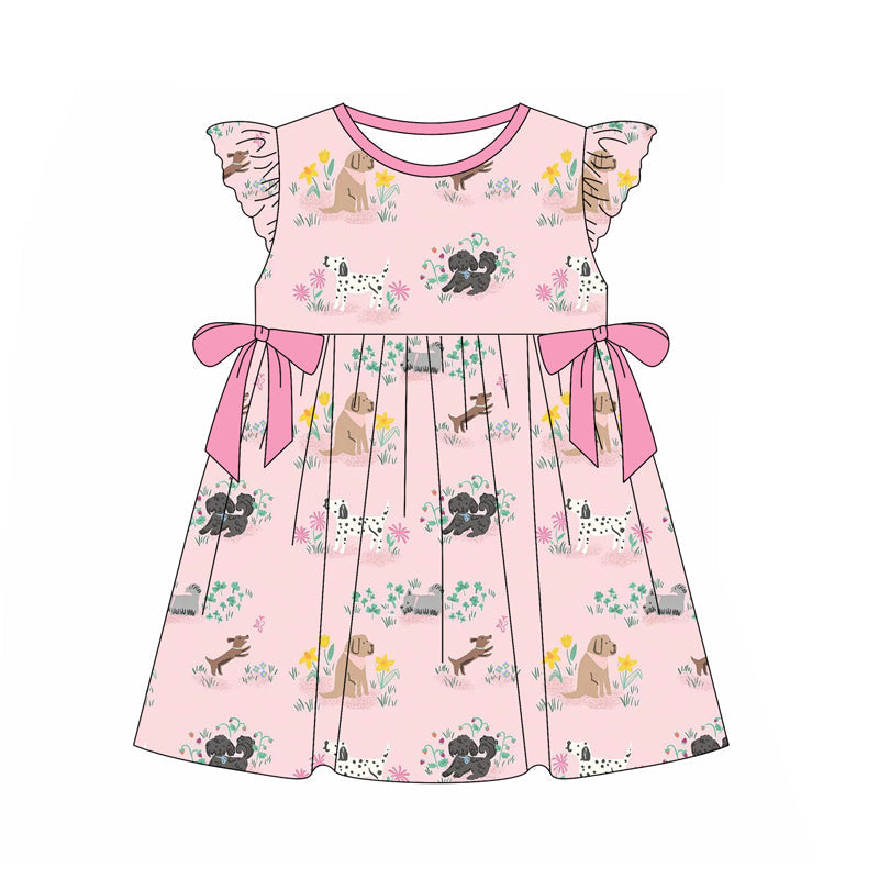 Preorder Baby Girl Kids Toddler Flower Dogs Bows Pink Knee Length Dress ( Moq 5 )