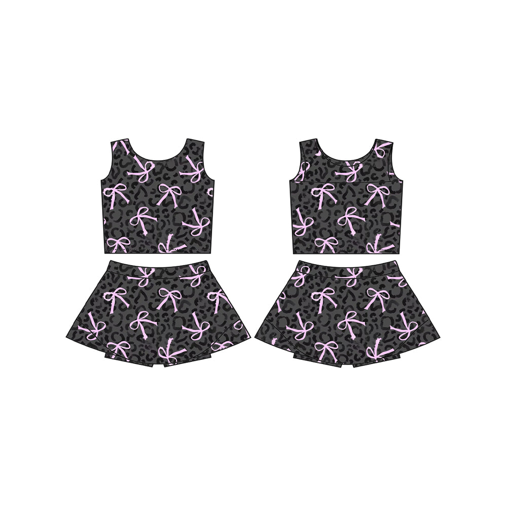 Preorder Baby Girl Black Leopard Bows Yoga Active Wear Tops Shorts Skirt Skort Clothes Set ( Moq 5 )