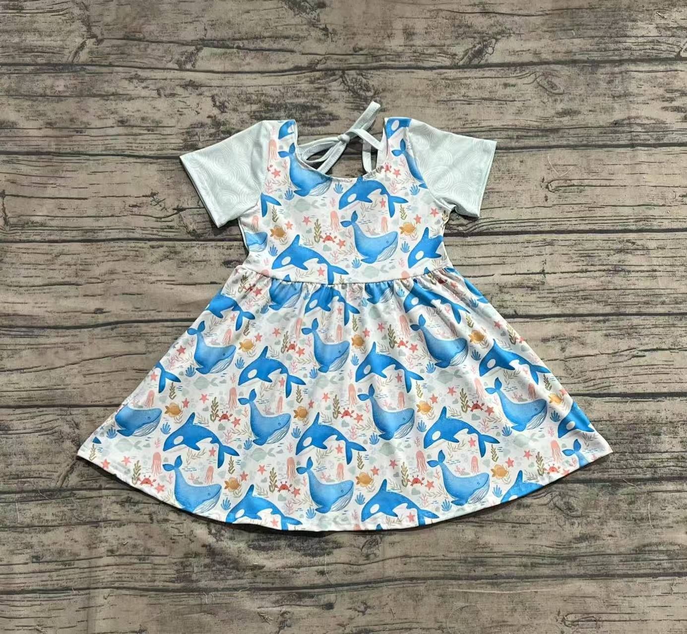 Baby Girl Short Sleeve Whale Knee Length Blue Dress RTS