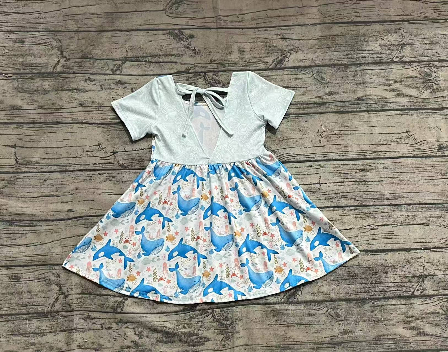 Baby Girl Short Sleeve Whale Knee Length Blue Dress RTS