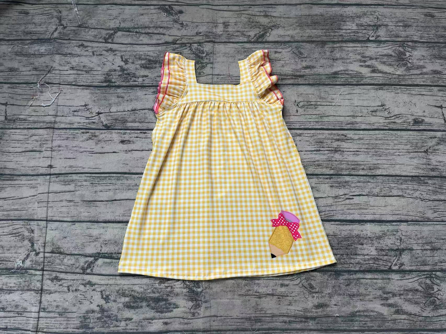 Baby Girl Back To School Pencil Bow Yellow Checked Knee Length Dress RTS