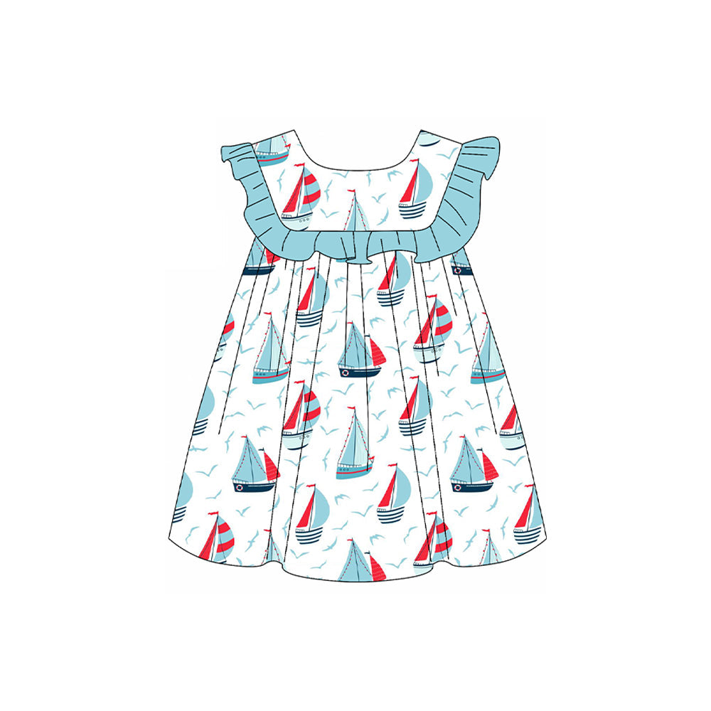 Preorder Baby Girl Short Sleeves Boats Ruffle Knee Length Dress( Moq 5 )