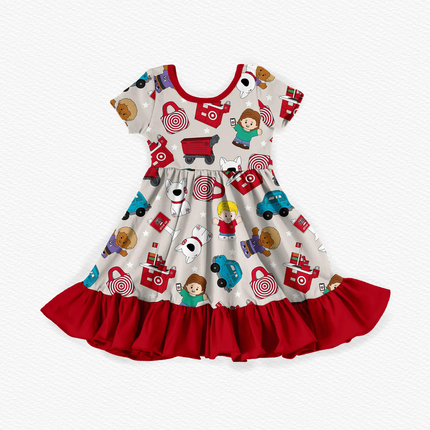 Preorder Baby Girl Cartoon Target Red Ruffle Knee Length Dress( Moq 5 )