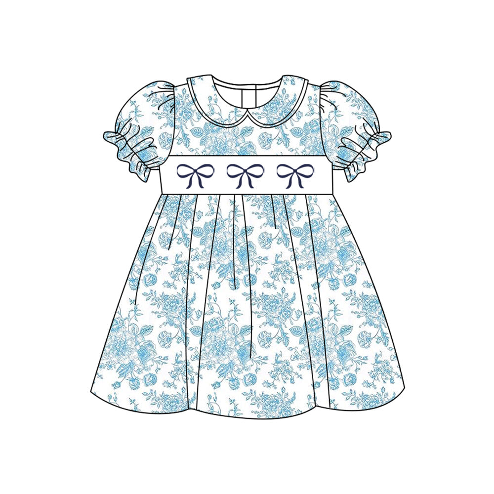 Preorder Baby Girl Blue Flower Bows Knee Length Dress ( Moq 5 )