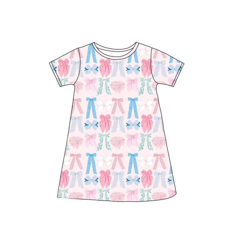 Preorder Baby Girl Short Sleeves Colorful Bows Knee Length Dress ( Moq 5 )