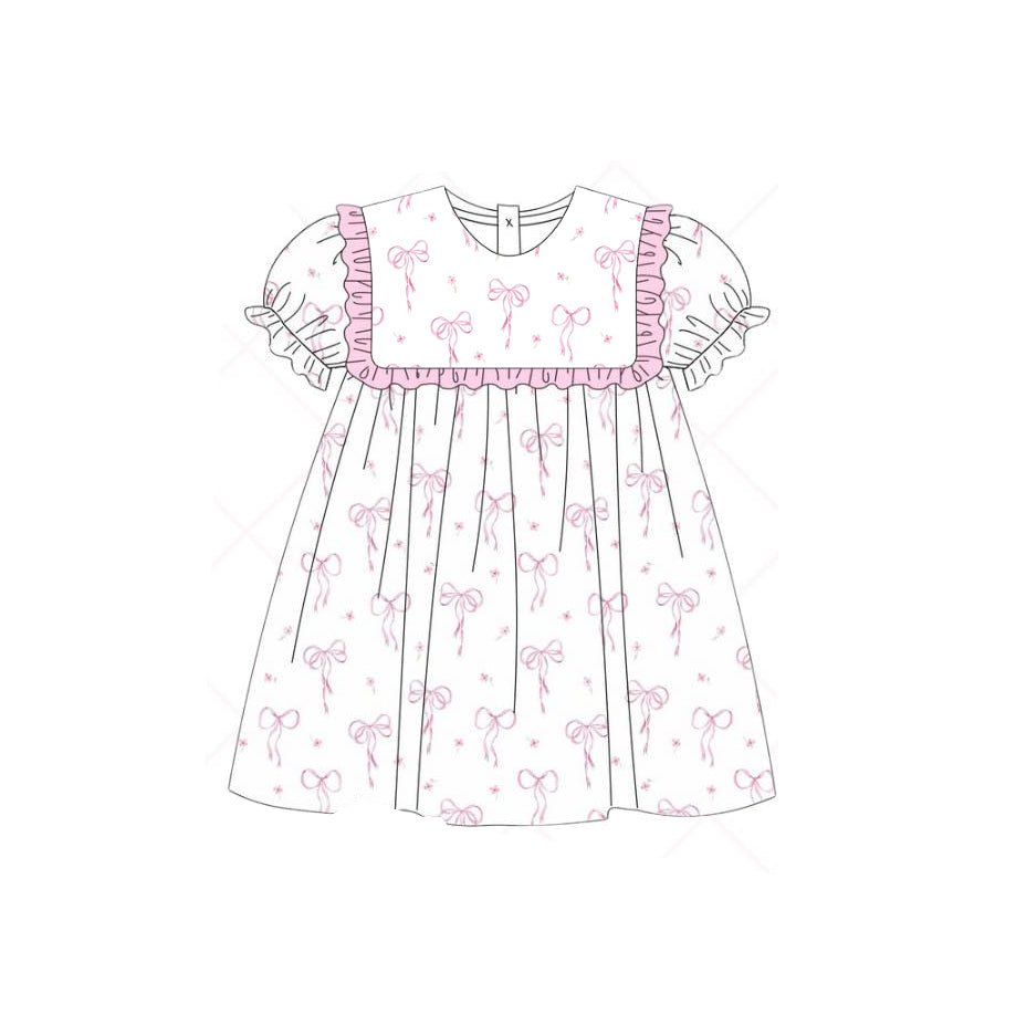 Preorder Baby Girl Short Sleeves Pink Bows Knee Length Dress ( Moq 5 )