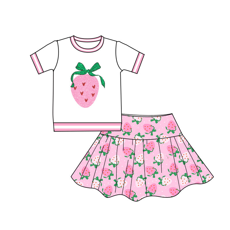 Preorder Baby Girl Short Sleeves Strawberry Shirt Bows Skirt Clothes Set ( Moq 5 )