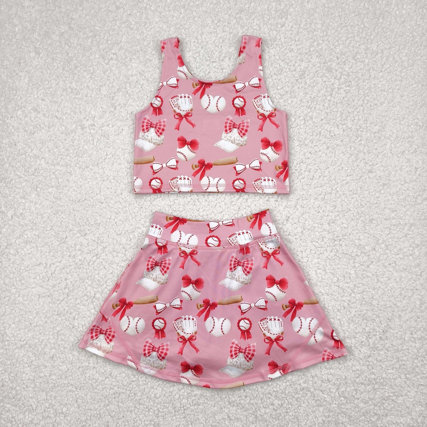Baby Girl Sleeveless Bows Baseball Cheer Yoga Active Wear Sibling Skort Set Clothes RTS