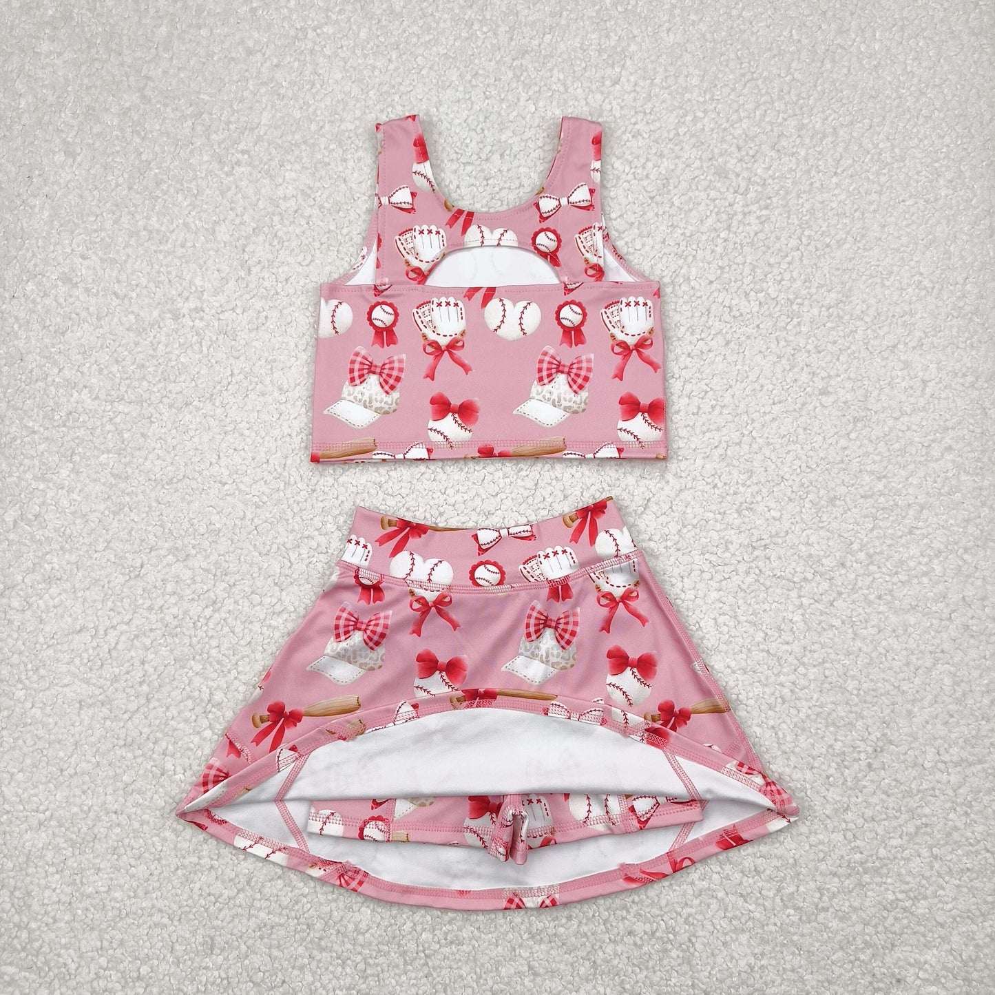 Baby Girl Sleeveless Bows Baseball Cheer Yoga Active Wear Sibling Skort Set Clothes RTS