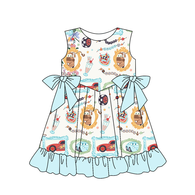 Baby Girl Cartoon Car Cakes Bows Knee Length Dress RTS