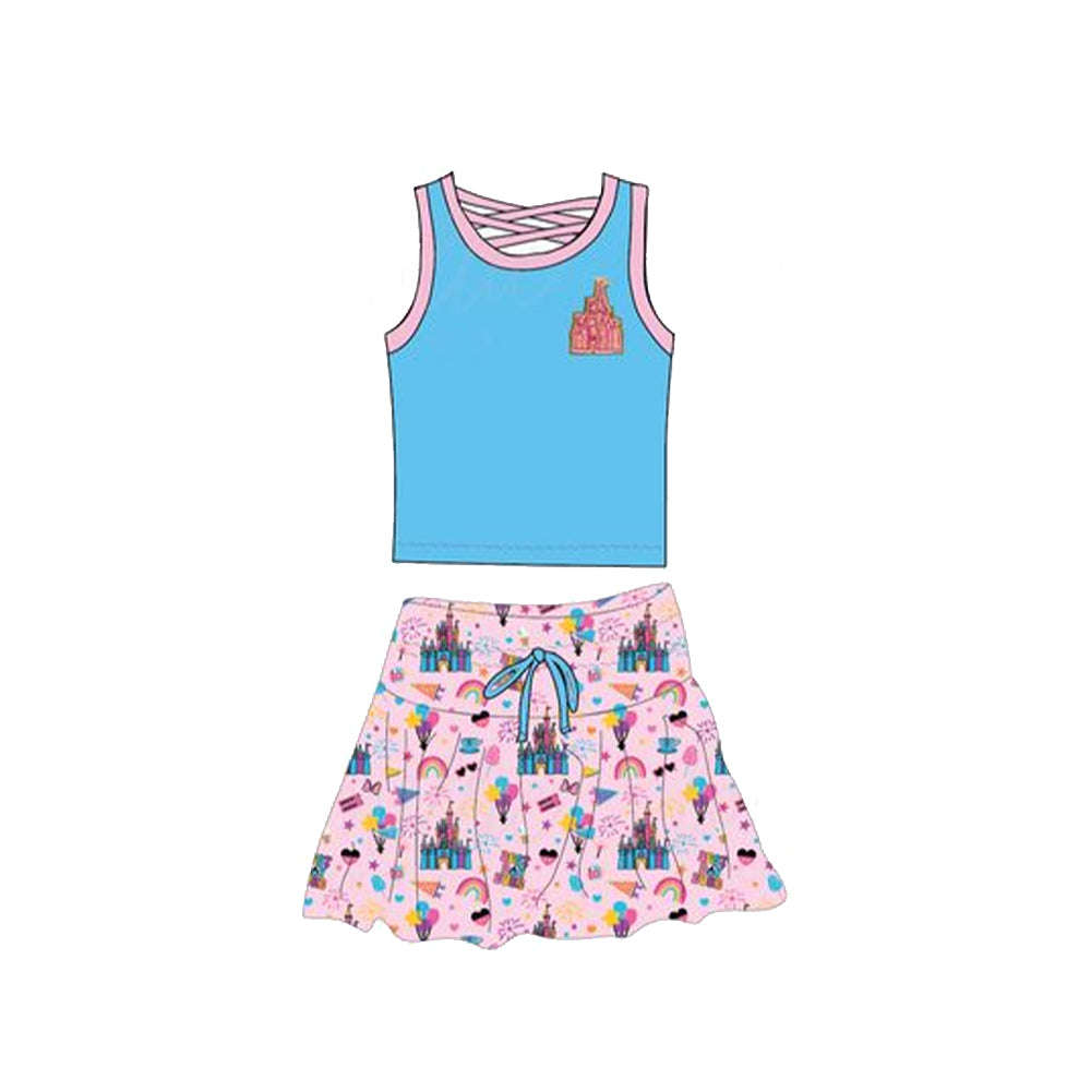 Baby Girl Sleeveless Blue Shirt Castle Cartoon Skorts Clothes Set RTS