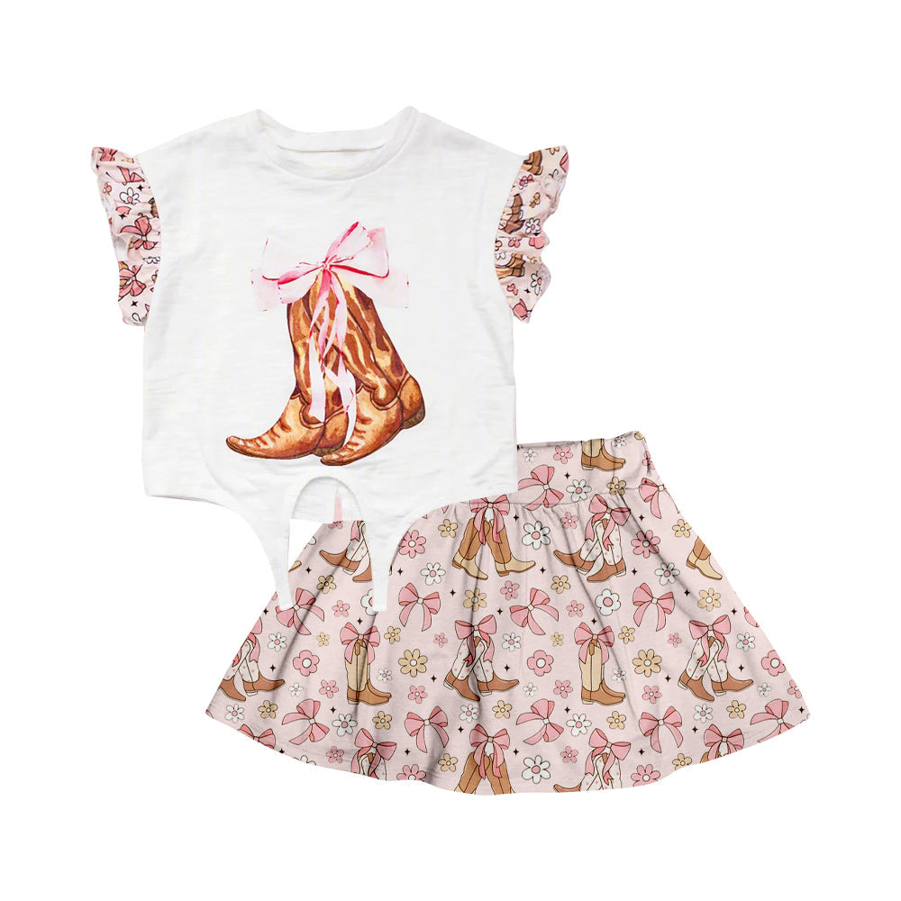 Preorder Baby Girl Boots Shirt Western Bows Flower Skirt Clothes Set ( Moq 5 )