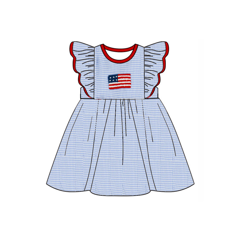 Preorder Baby Girl Short Sleeves Blue Checked Flag July 4th Dress ( Moq 5 )