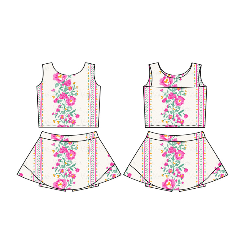Preorder Baby Girl Sleeveless Flower Tops Shorts Skirt Skort Athletic Active Wear Set ( Moq 5 )