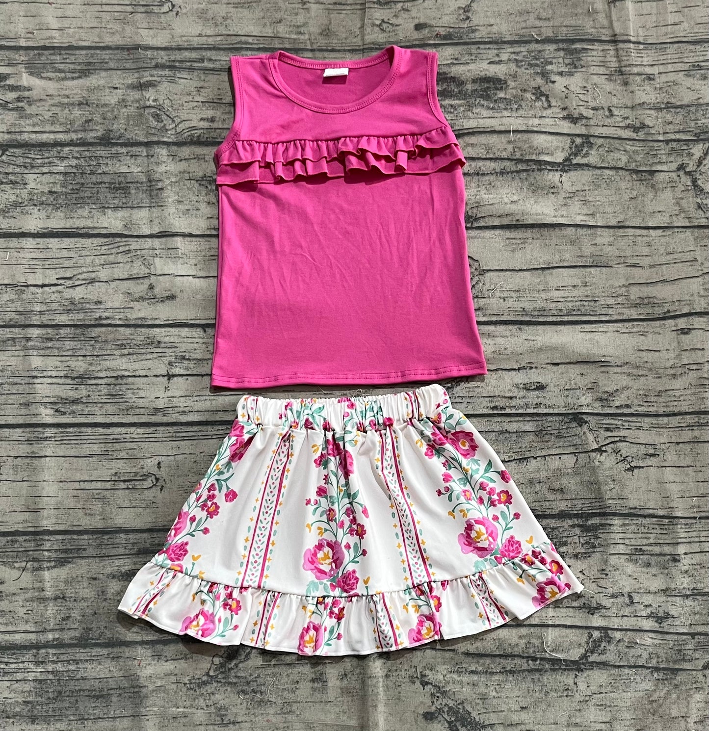 Baby Girl Sleeveless Pink Ruffle Shirt Flower Skirt Clothes Set RTS