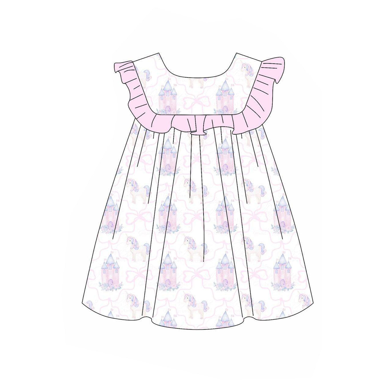 Preorder Baby Girl Short Sleeves Castle Bows Ruffle Knee Length Dress ( Moq 5 )