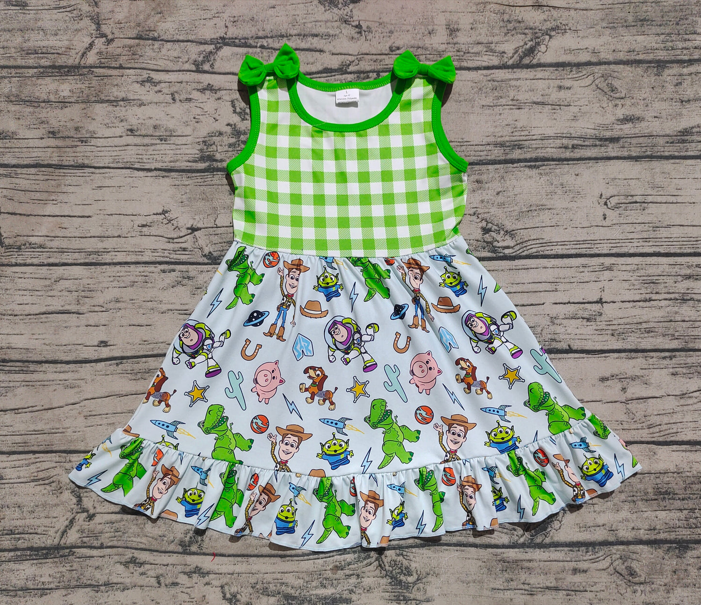 Baby Girl Straps Green Checkered Toys Bows Knee Length Dress RTS