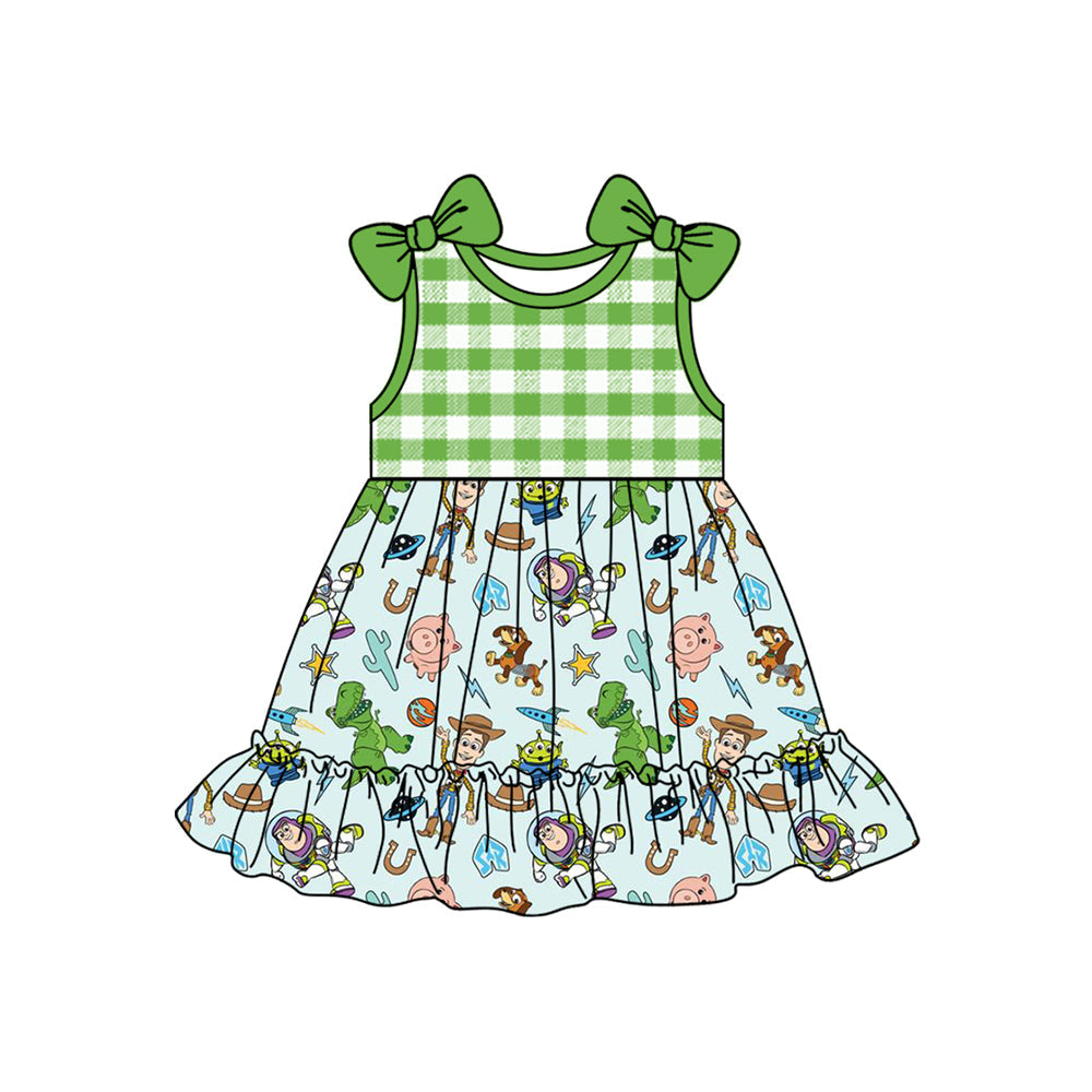Baby Girl Straps Green Checkered Toys Bows Knee Length Dress RTS