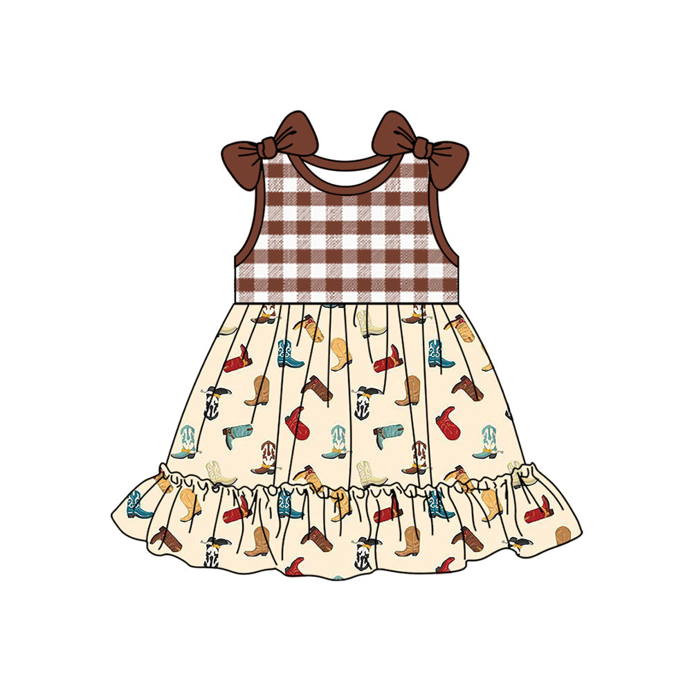 Preorder Baby Girl Brown Checkered Western Boots Bows Knee Length Dress ( Moq 5 )