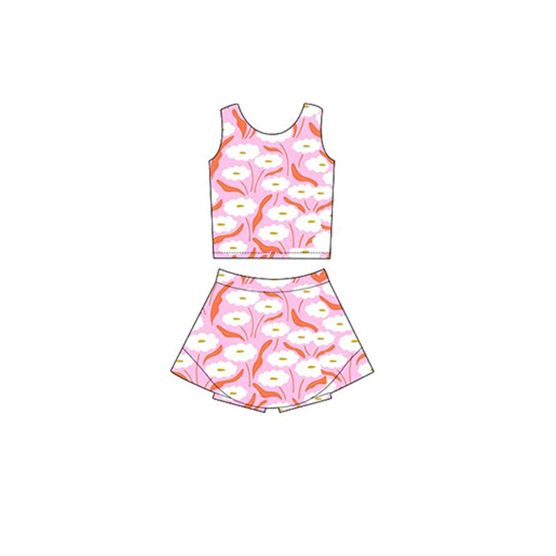 Preorder Baby Girl Sleeveless Flower Pink Tops Shorts Skirt Skort Yoga Active Wear Set ( Moq 5 )