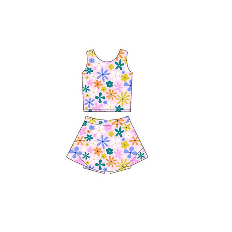 Preorder Baby Girl Sleeveless Colorful Flower Tops Shorts Skirt Skort Yoga Active Wear Set ( Moq 5 )