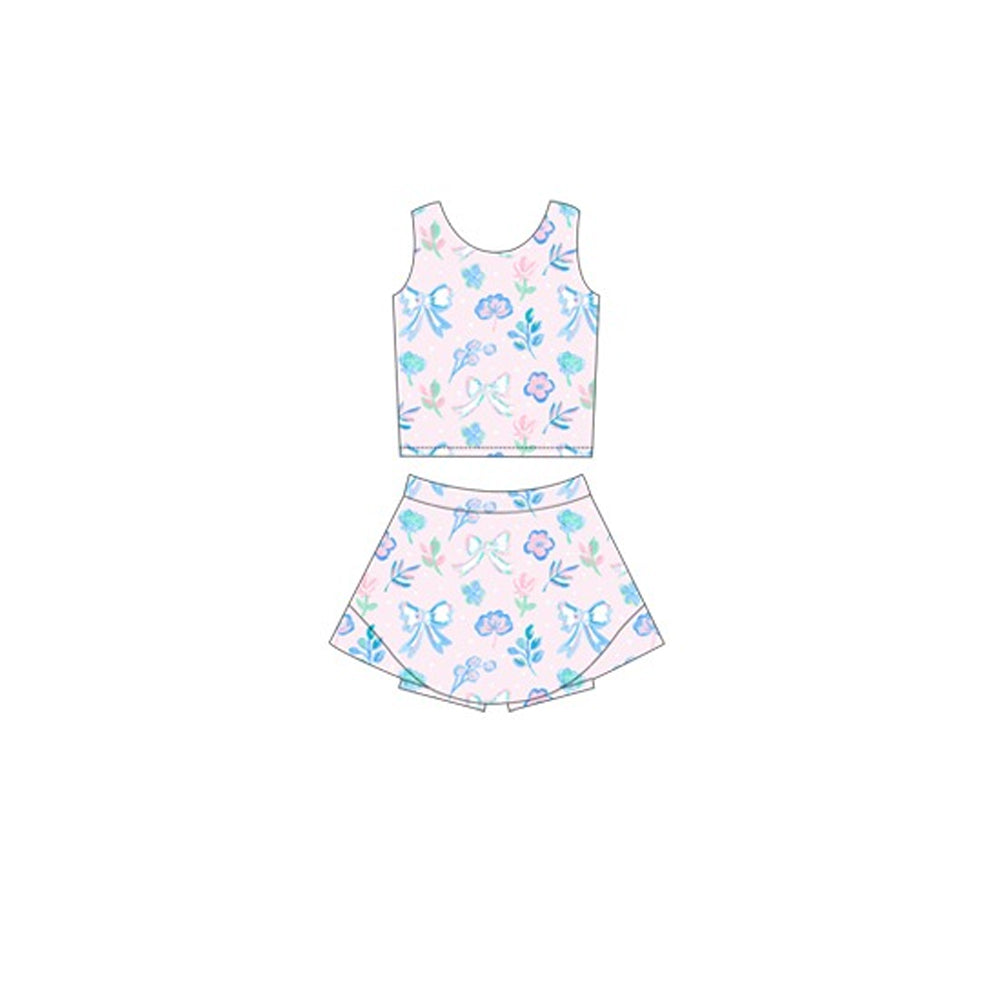Preorder Baby Girl Sleeveless Bows Flower Tops Shorts Skirt Skort Yoga Active Wear Set ( Moq 5 )