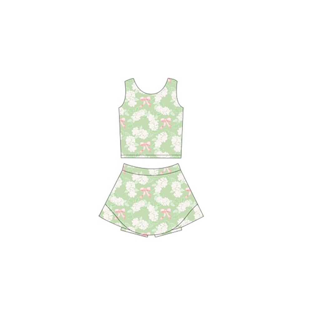 Preorder Baby Girl Sleeveless Flower Bows Tops Shorts Skort Yoga Active Wear Green Set ( Moq 5 )