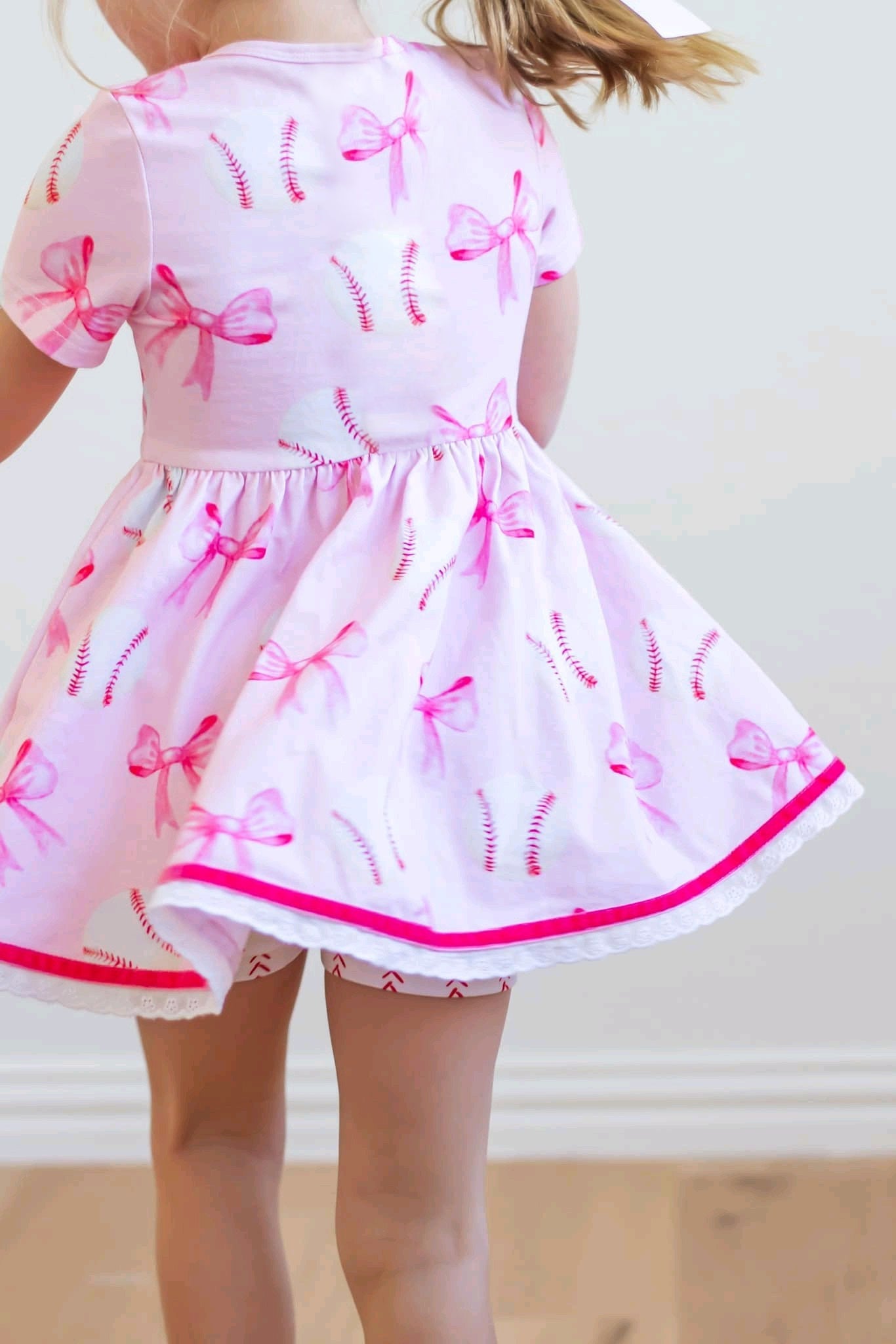 Preorder Baby Girl Short Sleeves Pink Baseball Bows Knee Length Dress ( Moq 5 )