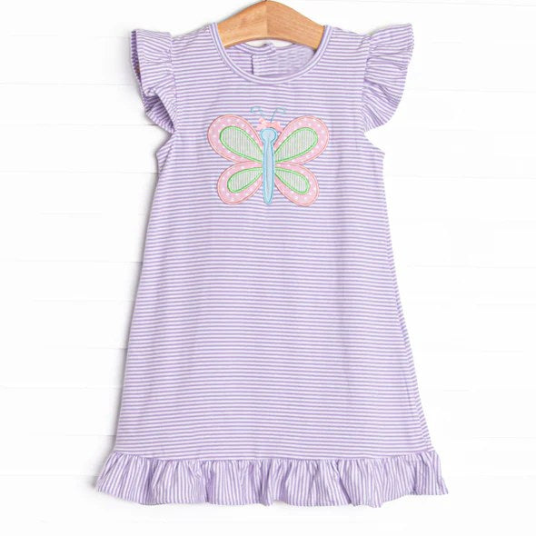 Preorder Baby Girl Short Sleeves Butterfly Purple Stripes Knee Length Dress ( Moq 5 )