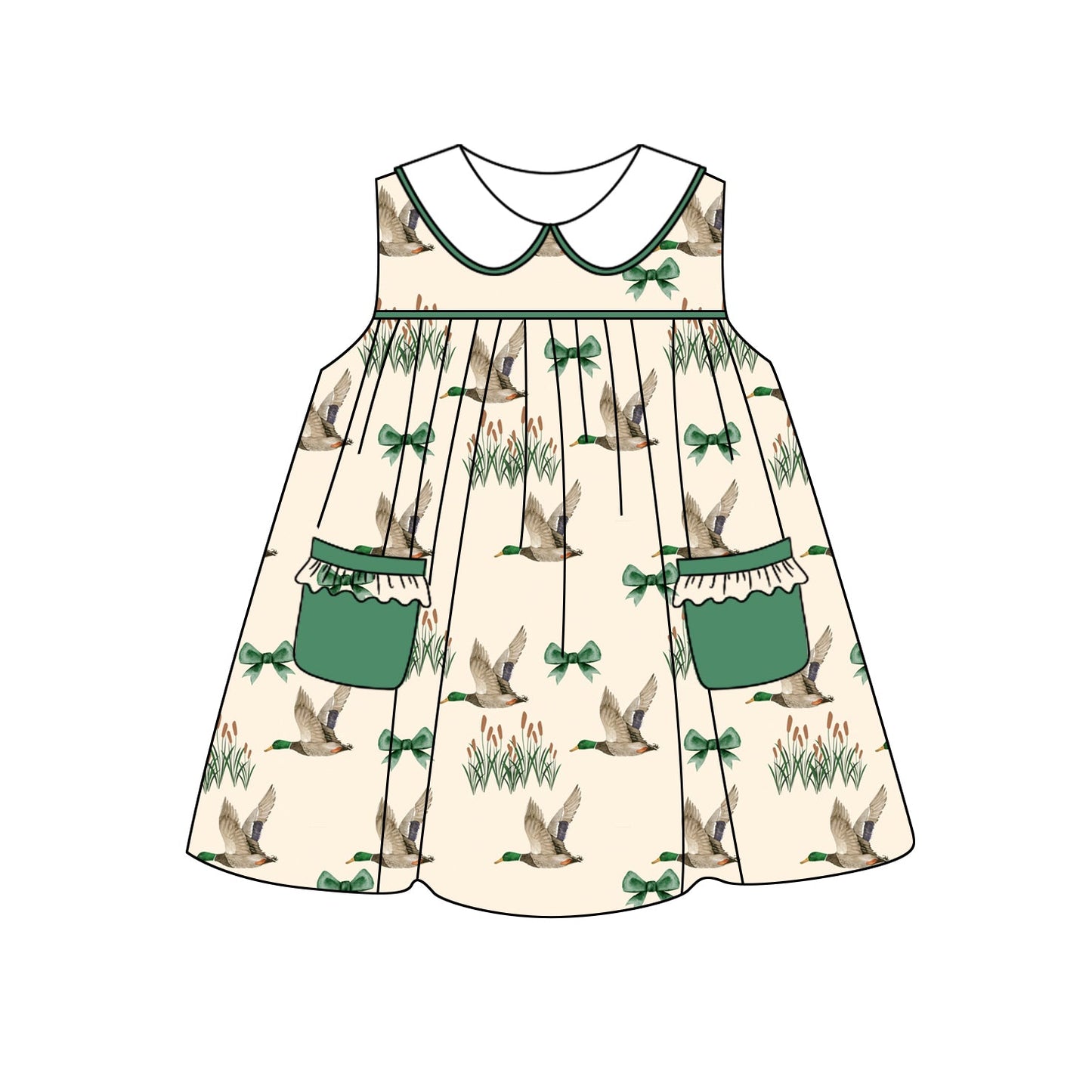 Preorder Baby Girl Sleeveless Ducks Green Pockets Knee Length Dress ( Moq 5 )