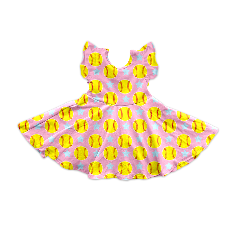 Preorder Baby Girl Short Sleeves Softball Stars Pink Knee Length Twirl Dress ( Moq 5 )
