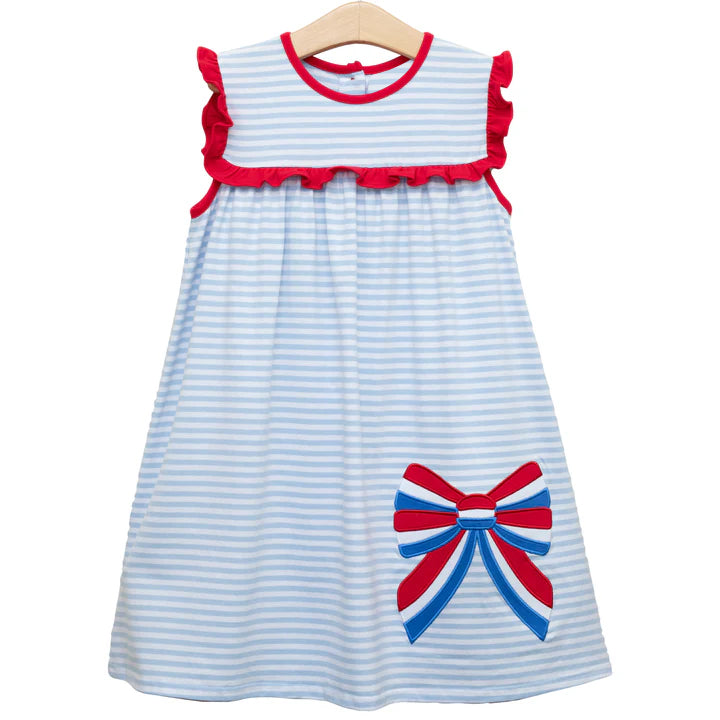 Preorder Baby Girl Sleeveless July 4th Bow Stripes Ruffle Knee Length Dress ( Moq 5 )
