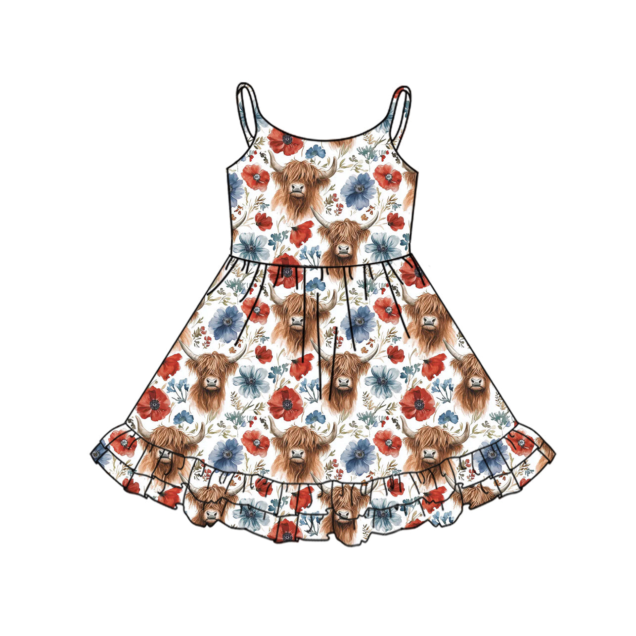 Preorder Baby Girl Straps July 4th Western Cow Flower Knee Length Dress ( Moq 5 )