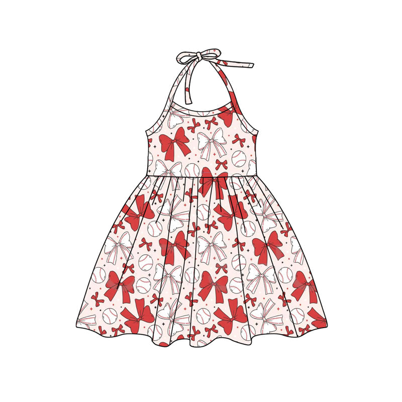 Preorder Baby Girl Halter Red Bows Baseball Knee Length Dress ( Moq 5 )
