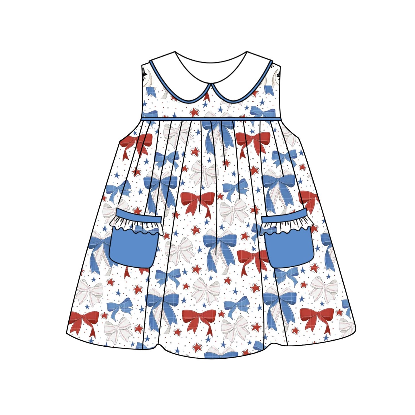 Preorder Baby Girl Sleeveless July 4th Blue Red Bows Knee Length Dress ( Moq 5 )
