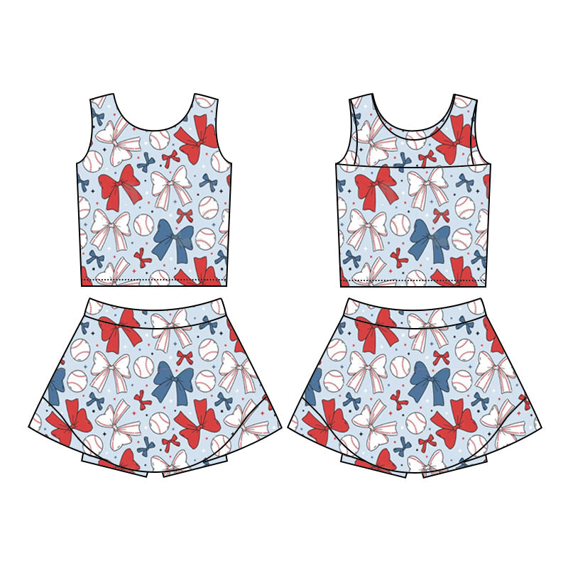 Baby Girl July 4th Bows Baseball Yoga Tops Shirt Skirt Skort Active Wear Set