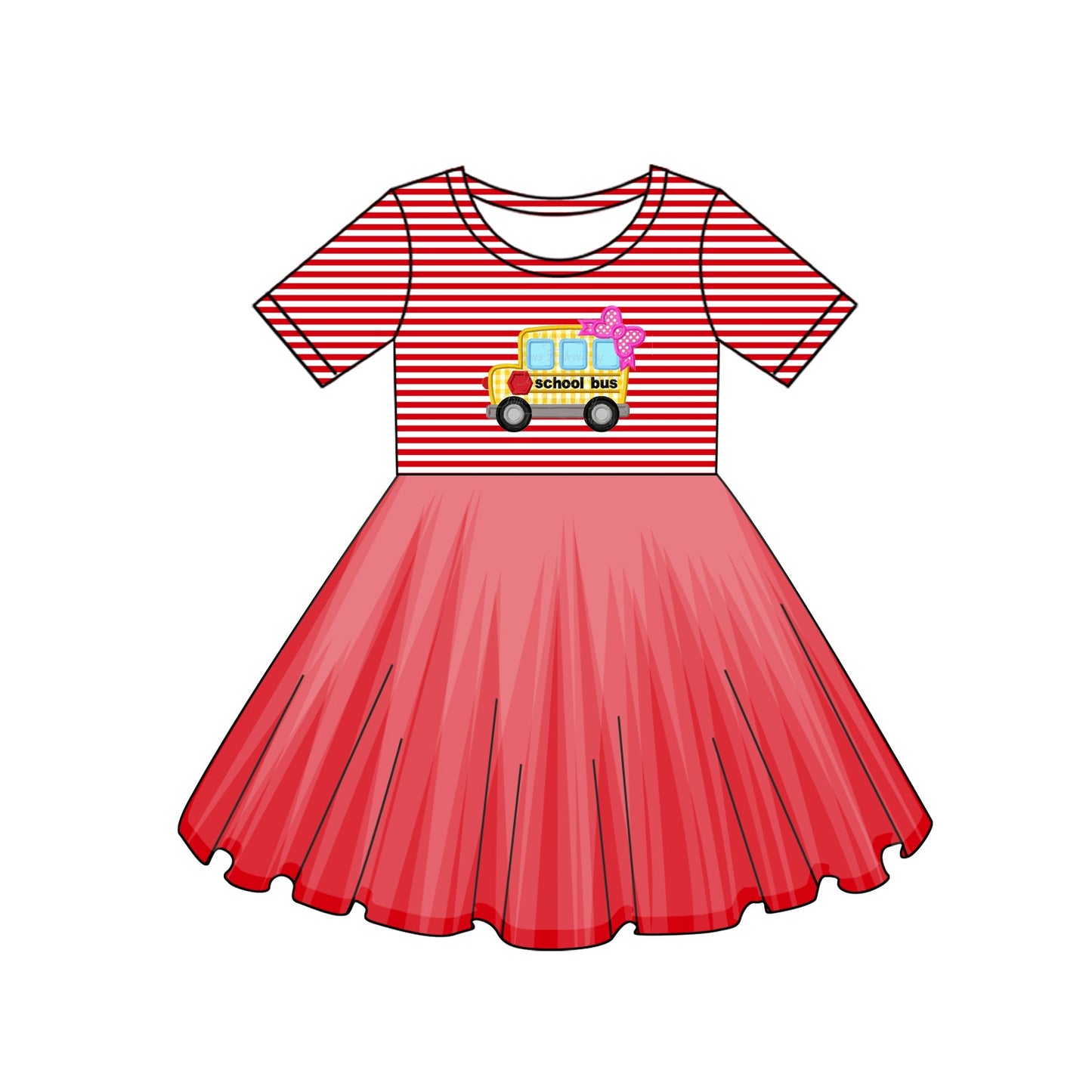 Preorder Baby Girl Short Sleeves Back To School Bus Apple Knee Length Tulle Dress ( Moq 5 )