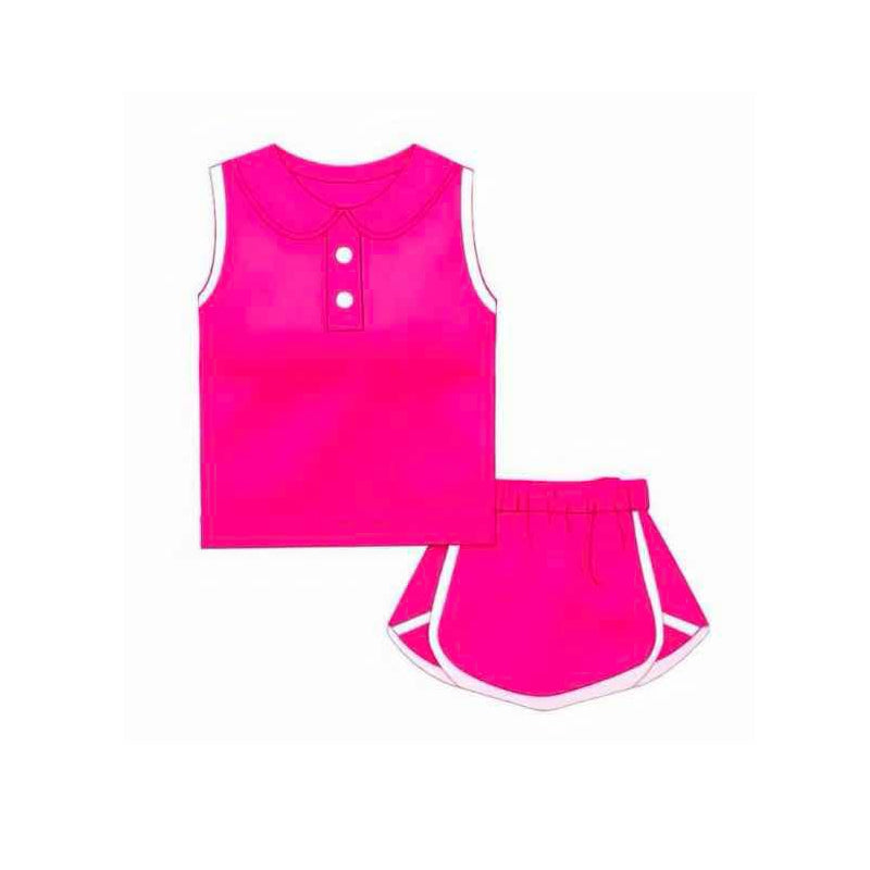 Preorder Baby Girl Hot Pink Sleeveless Vest Shirt Shorts Cotton Clothes Sports Set ( Moq 5 )