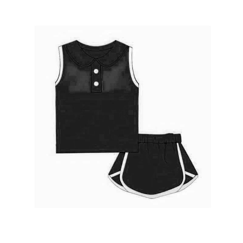 Preorder Baby Girl Black Sleeveless Vest Shirt Shorts Cotton Clothes Sports Set ( Moq 5 )