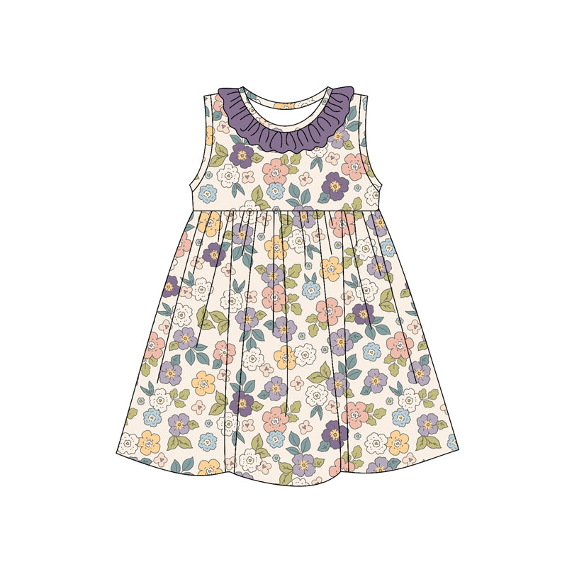 Preorder Baby Girl Sleeveless Floral Knee Length Purple Ruffle Dress ( Moq 5 )