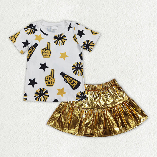 Baby Girl Short Sleeves Cheer Shirt Golden Leather Skirt Clothes Set RTS