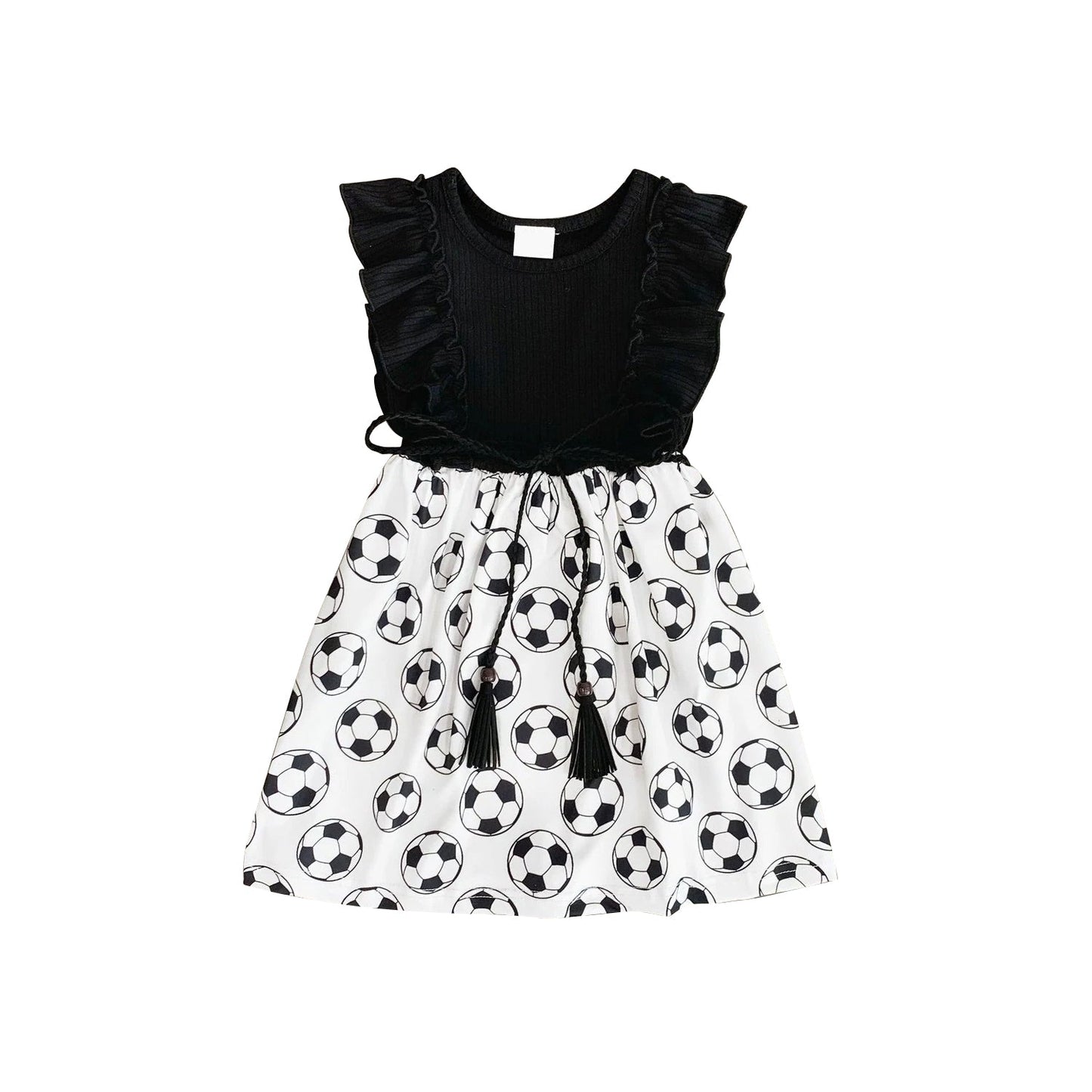 Preorder Baby Girl Short Sleeves Football Black Knee Length Dress ( Moq 5 )