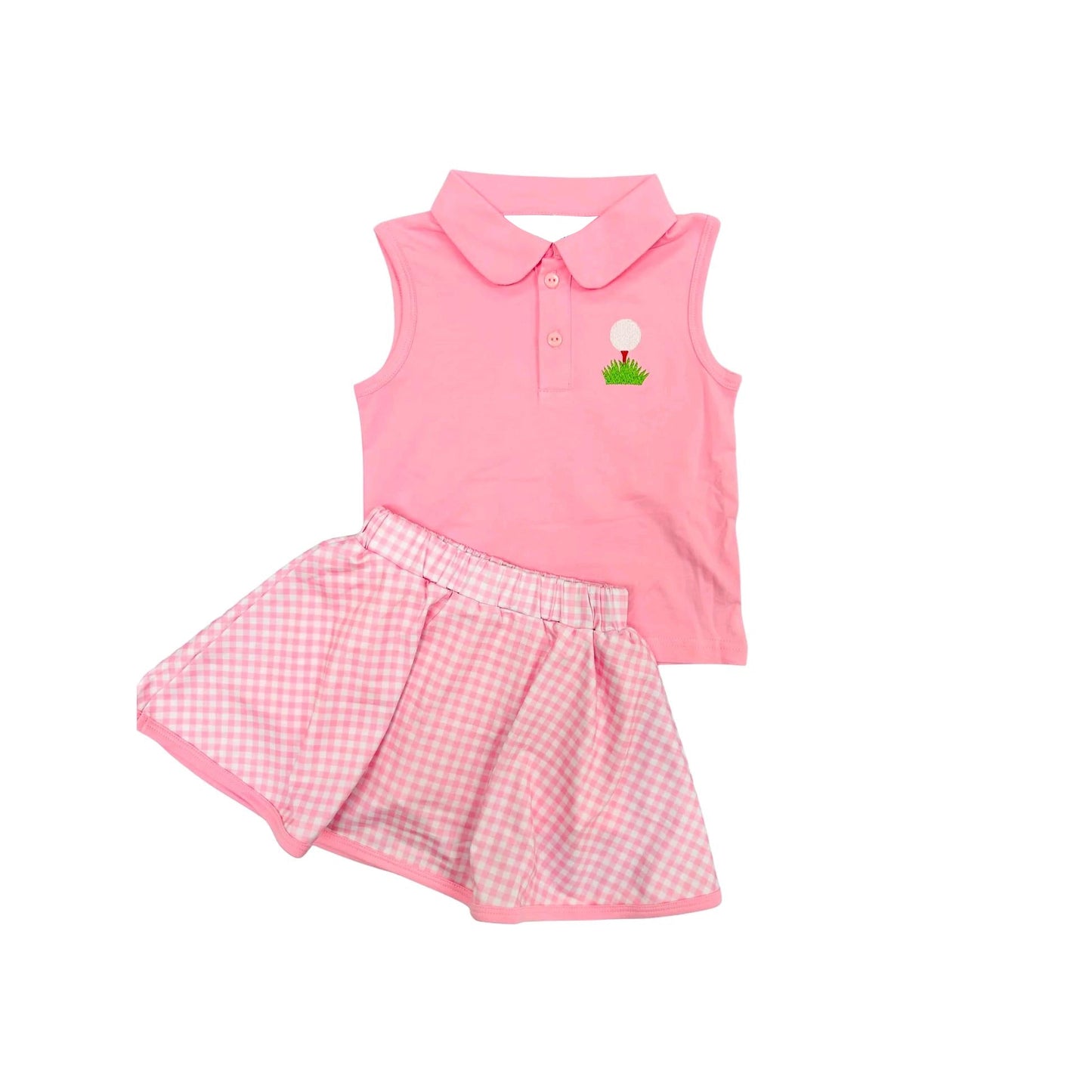 Preorder Baby Girl Sleeveless Button Golf Pink Shirt Checked Skirt Set ( Moq 5 )