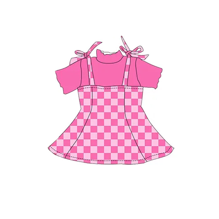 Preorder Baby Girl Short Sleeves Pink Shirt Checked Skirt Dress Set ( Moq 5 )