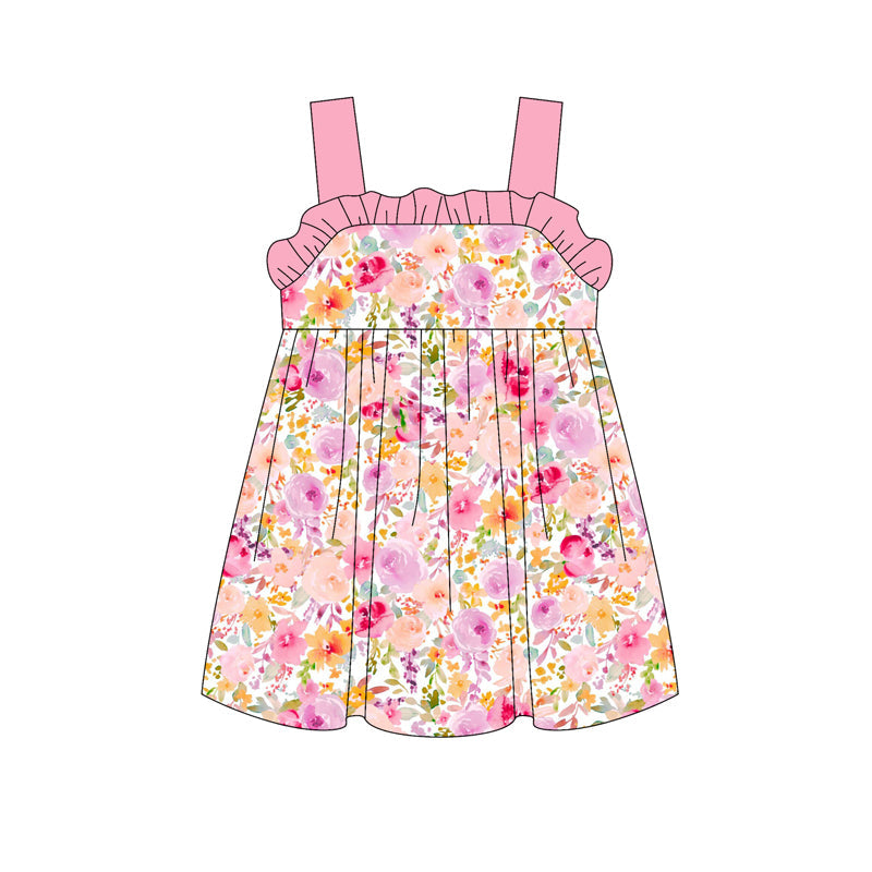 Preorder Baby Girl Straps Floral Knee Length Pink Ruffle Dress ( Moq 5 )