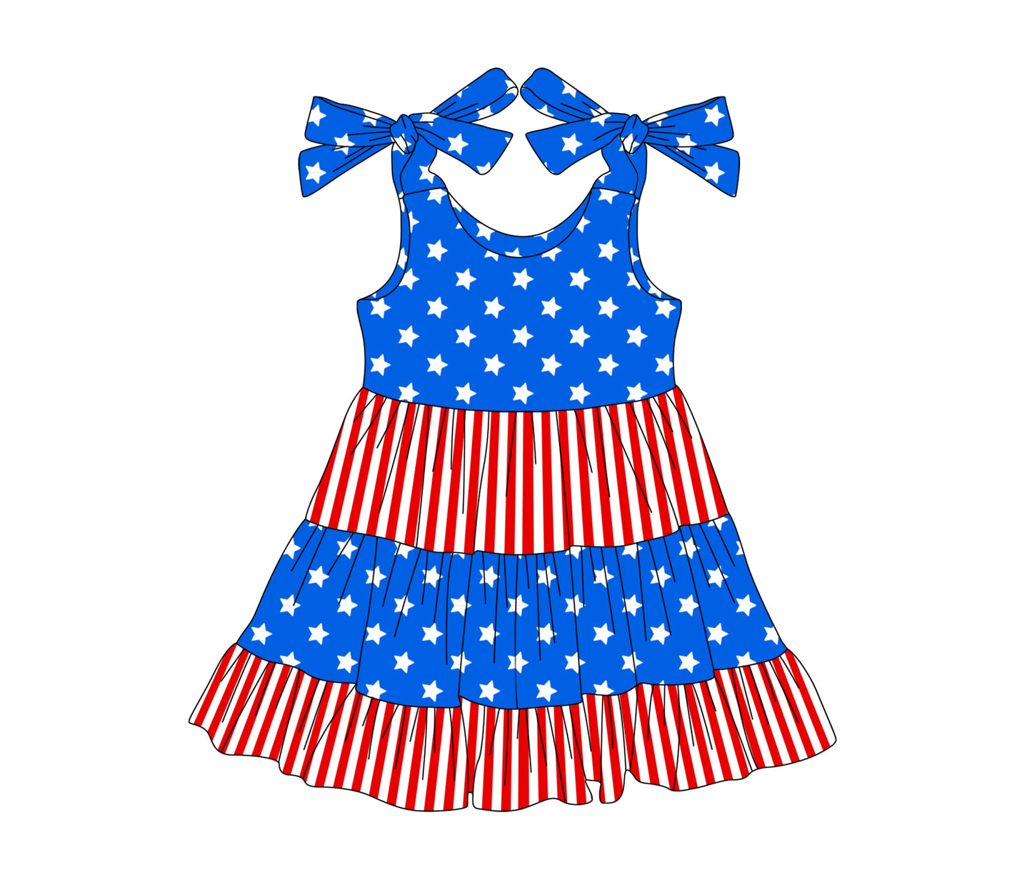 Preorder Baby Girl Straps Bows July 4th Stars Stripes Ruffle Knee Length Dress ( Moq 5 )