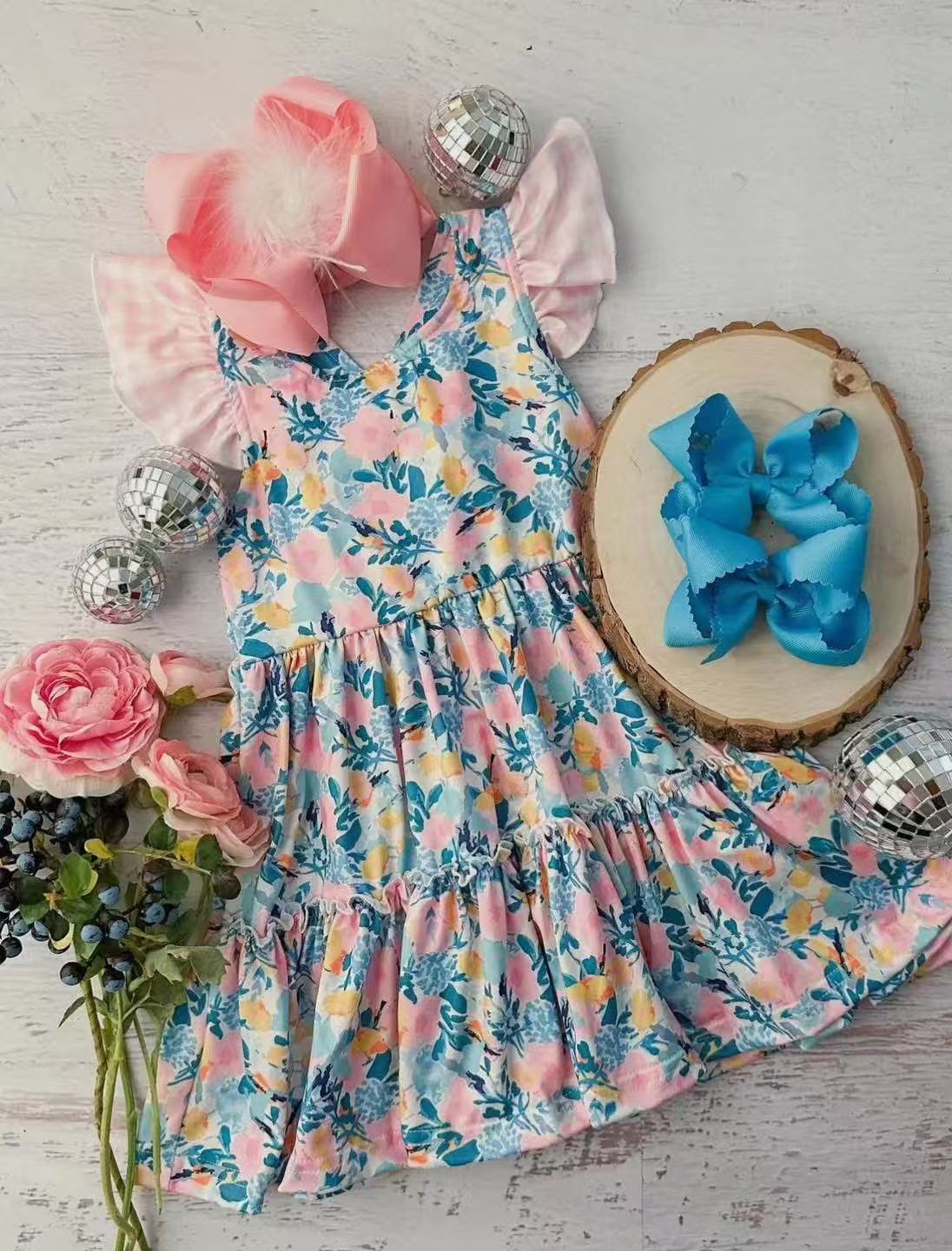 Preorder Baby Girl Short Sleeves Flower Ruffle Knee Length Dress ( Moq 5 )