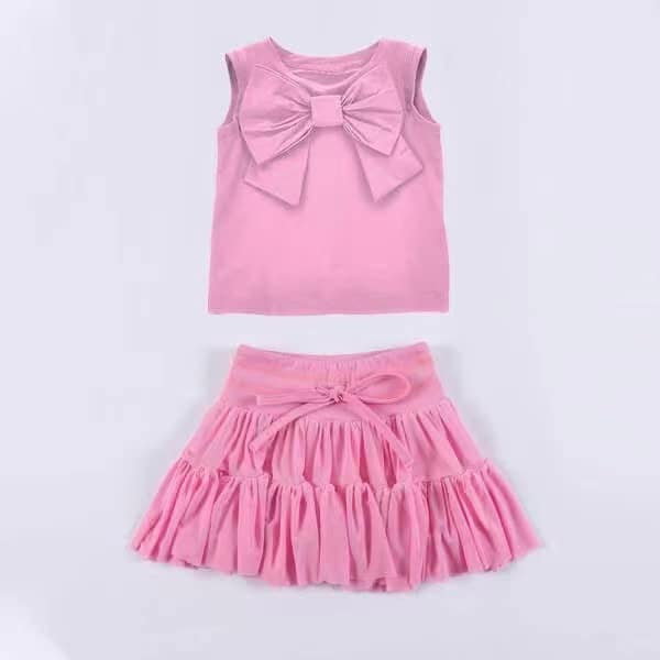 Preorder Baby Girl Sleeveless Pink Bow Vest Shirt Skirt Clothes Set ( Moq 5 )